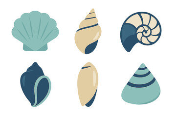 Assortment of decorative marine seashells and spiral snail shells in flat design style