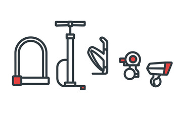 Essential bicycle accessories including security U-lock, tire pump, bottle cage, bell, and safety light