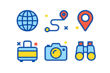 Six essential travel and adventure symbols for navigation, photography, and luggage concepts