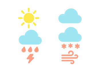 Simple graphic symbols for weather forecast including sunny, rainy, snowy, and windy conditions