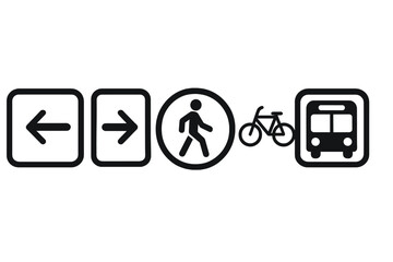 Essential navigation and public transportation symbols including directional arrows, pedestrian, bike, and bus signs