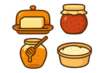 Collection of common breakfast condiments including butter, fruit jam, natural honey, and creamy spread