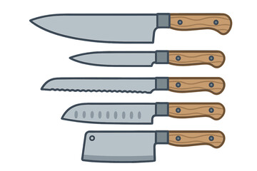 Professional kitchen cutlery set featuring essential cooking knives with wooden handles