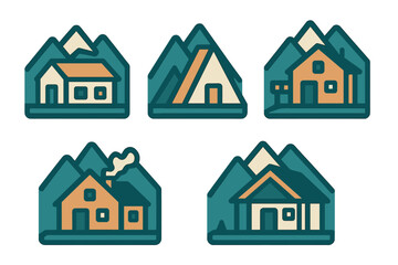 Five stylized mountain houses and cabins nestled among natural landscapes and peaks