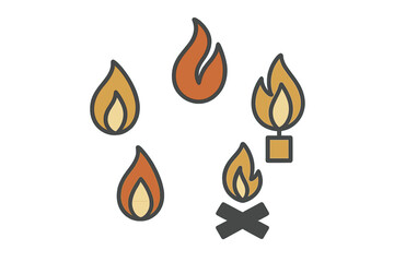 Collection of stylized fire and flame icons representing heat and energy