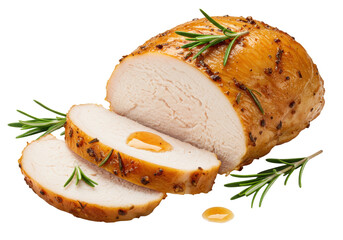 Isolated roasted turkey breast with rosemary, sliced, golden brown skin, savory meat entree