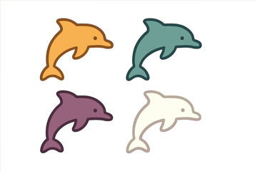 Collection of four stylized dolphin icons jumping in different earthy color palette