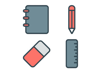 Essential flat design icons of school and office stationery supplies
