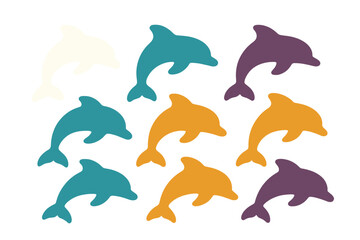 Seamless pattern of stylized dolphins swimming in various vibrant colors