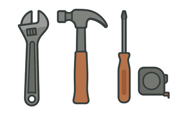 Essential construction and repair hand tools set including hammer, wrench, screwdriver, and measuring tape