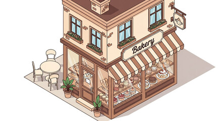 Isometric bakery shop illustration isolated on white background, showcasing a charming facade with pastries in the window and a cozy outdoor seating area