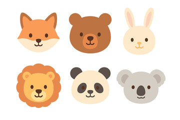 Six adorable cartoon animal faces set: fox, bear, rabbit, lion, panda, and koala on white background