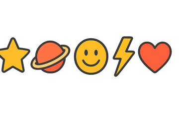 Colorful pop culture icons collection featuring star, planet, smiley face, lightning bolt, and heart