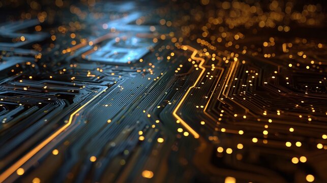 Futuristic digital circuit board with glowing orange data lines and blue light accents, representing advanced technology, artificial intelligence, and network connections.