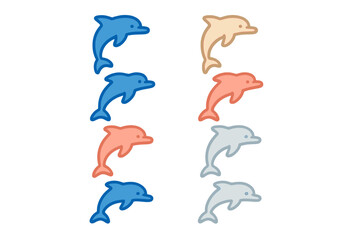 Set of stylized dolphin icons swimming in various pastel and bright colors