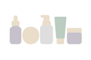 Minimalist set of cosmetic product containers in pastel colors on a white background