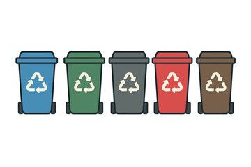 Five brightly colored garbage containers standing in a row displaying the universal recycling symbol