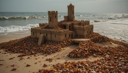 Majestic Sandcastle on Beach Decorated with Autumn Leaves by the Ocean Waves