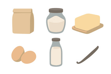 Essential baking ingredients including flour, sugar, butter, eggs, milk, and vanilla bean