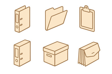 Isometric icons of office supplies for document organization including binders, folders, clipboard, and storage boxes