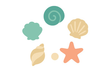 Flat design arrangement of various seashells and marine life objects in soft colors