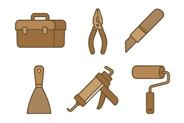 Collection of essential construction and home repair tools including a toolbox, caulk gun, and paint roller