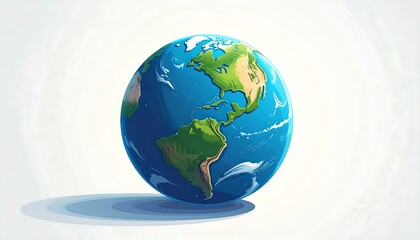 Illustration of Planet Earth, showing continents in green and oceans in blue, set against a bright, light-yellow background. A subtle shadow is cast