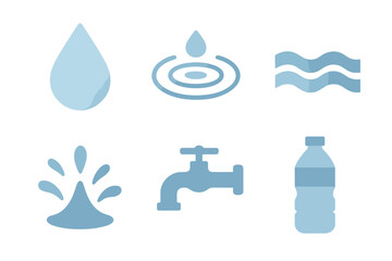 Set of six blue water icons showing drop, waves, splash, faucet, and plastic bottle symbols