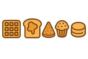 Collection of popular breakfast and bakery food icons including waffle toast and pancakes