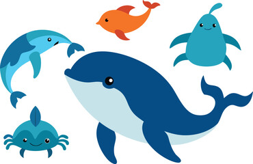 Marine life vector illustration whale dolphin crab fish and jellyfish bundle scalable eps art