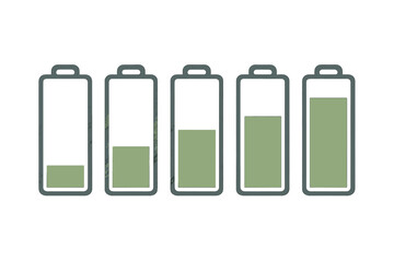 Set of five battery icons showing progressive charge levels and power status