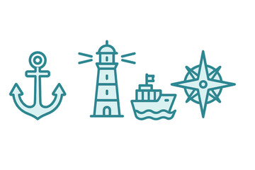 Nautical symbols set featuring anchor, lighthouse, passenger ship, and navigational compass rose