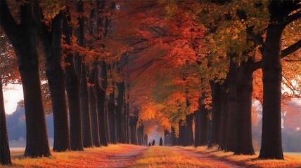 Tree-lined path in autumn with people walking in the distance road avenue