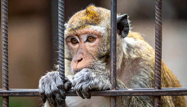 Close-up view of a primate behind metal bars, gazing with deep thought, showcasing detailed fur and facial features, conveying captivity