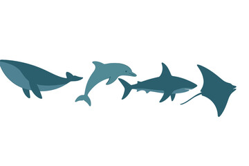 Collection of marine animals including whale, dolphin, shark, and manta ray