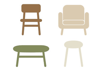 Collection of modern minimalist furniture pieces including chair armchair table and stool in earthy tones