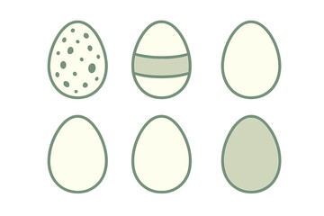 Six stylized Easter eggs in pastel green and off-white colors featuring various patterns