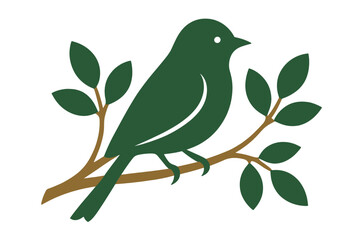 Minimalist dark green songbird perched on a brown tree branch with leaves isolated on a white background