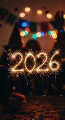 Vibrant new year's celebration with 2026 sparklers and colorful bokeh lights