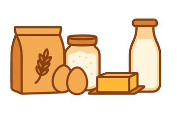Collection of essential baking ingredients including flour, eggs, milk, butter, and sugar