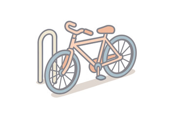 Pastel colored bicycle parked securely at a metal bike rack on white