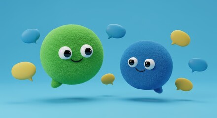Obraz premium Playful 3D-rendered cartoon characters, rendered with a fluffy texture in shades of green and blue, floating amidst yellow and blue speech bubbles against a vibrant blue background