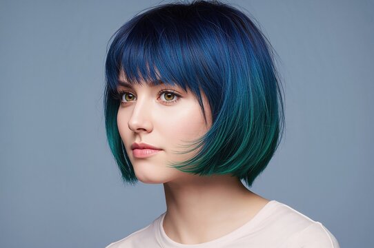 Young woman with short pixie bob haircut featuring vibrant blue and green hair coloration, posed against a soft blue background, emphasizing modern hair styling trends.
