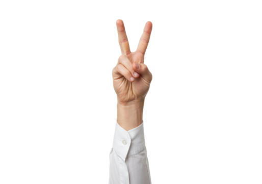 Isolated hand gesture of a peace sign, showing two fingers on neutral surface, arm shirt