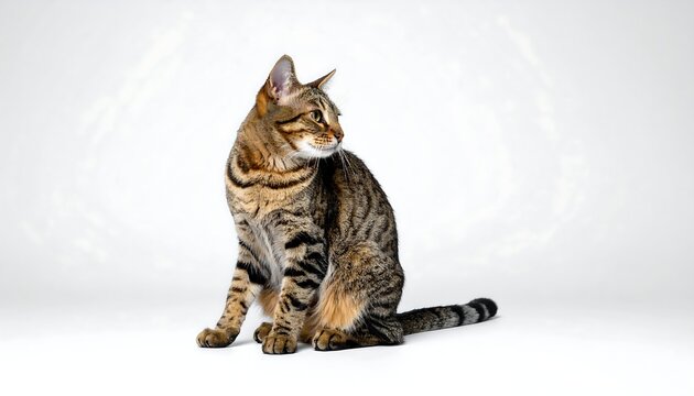 A detailed studio portrait featuring a beautiful tabby cat looking to its right. The feline sits with its forepaws and long tail visible. Soft white background