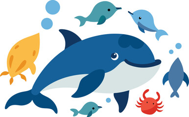 Charming marine animal bundle featuring whales dolphins and crabs vector illustration