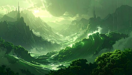 A digital painting of a surreal alien landscape with a glowing green atmosphere, towering mountains, and a distant planet