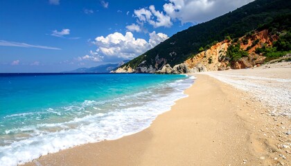 Obraz premium Coastal scene with a sandy beach, turquoise waters, and a lush green hillside under a bright blue sky with clouds