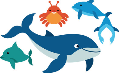 Charming vector bundle of marine animals whales dolphins crabs and fish scalable eps illustration