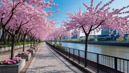Pathway Lined with Cherry Blossoms by the Waterway in Spring